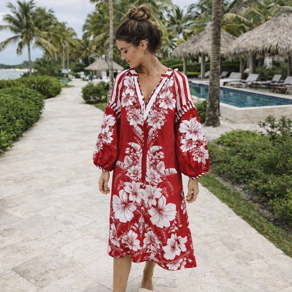 NWT Farm Rio Floral Chains Stripe Long Sleeve Linen Midi Dress